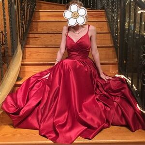 Red Burgundy A-line V-Neck Floor-Length Satin Prom Dress